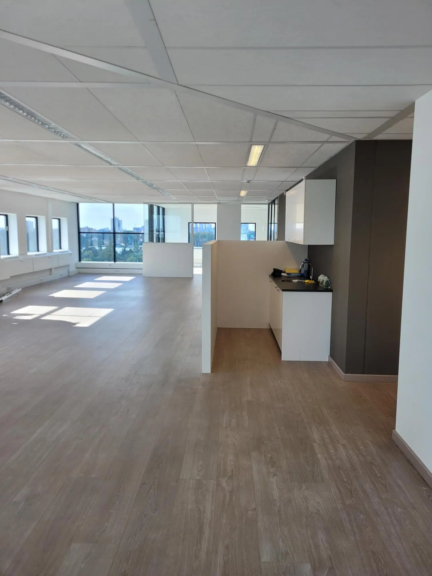 Licht en modern kantoorinterieur in Rivium Quadrant met grote ramen en een kitchenette.